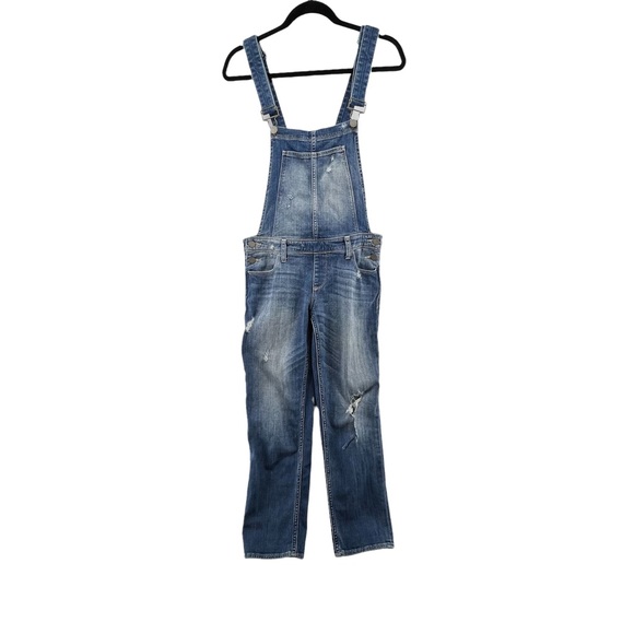 PAIGE Pants - PAIGE Faded Blue Distressed Denim Overalls